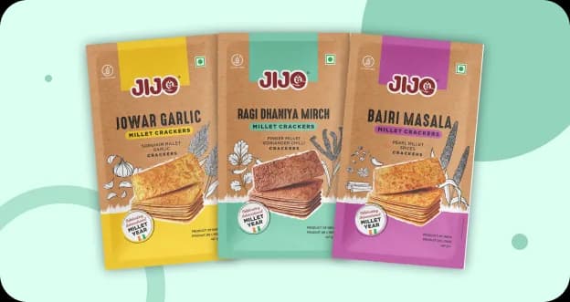 Three packs of JIJO millet crackers: Jowar Garlic, Ragi Dhaniya Mirch and Bajri Masala